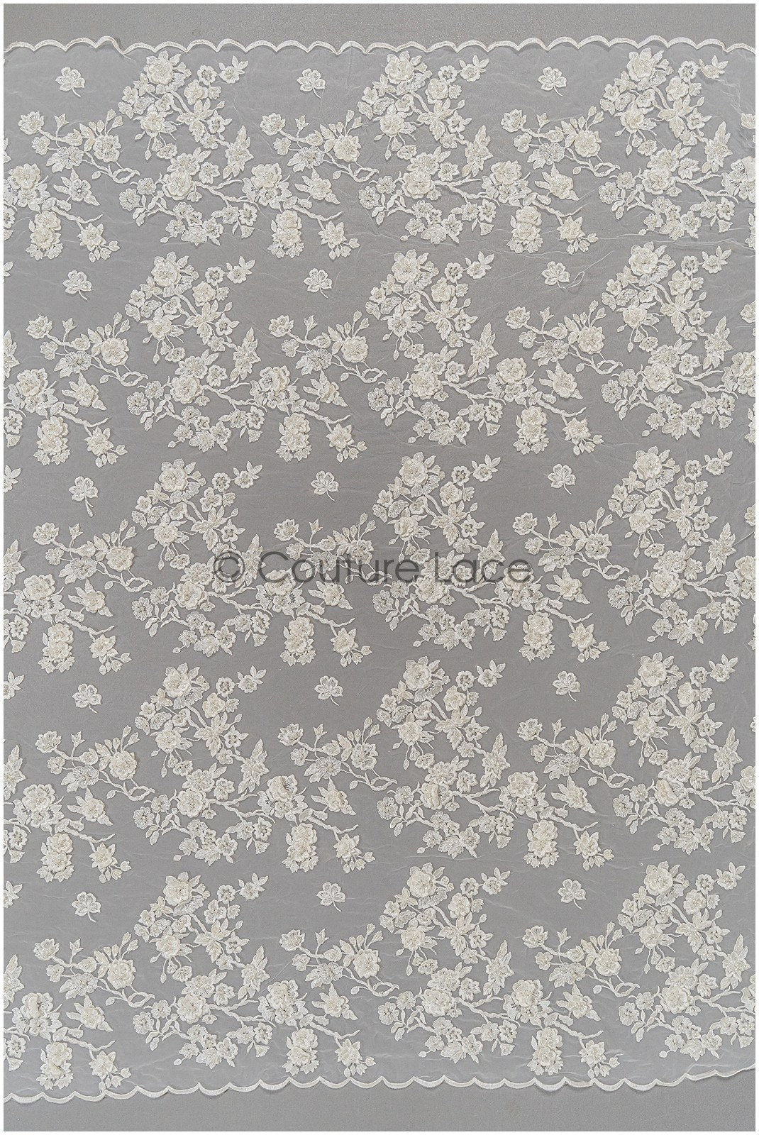 Perlen Braut Spitze mit 3D Blumen/ Couture Spitzenstoff Off-White/ Brautspitze für Brautkleid// L21-041N