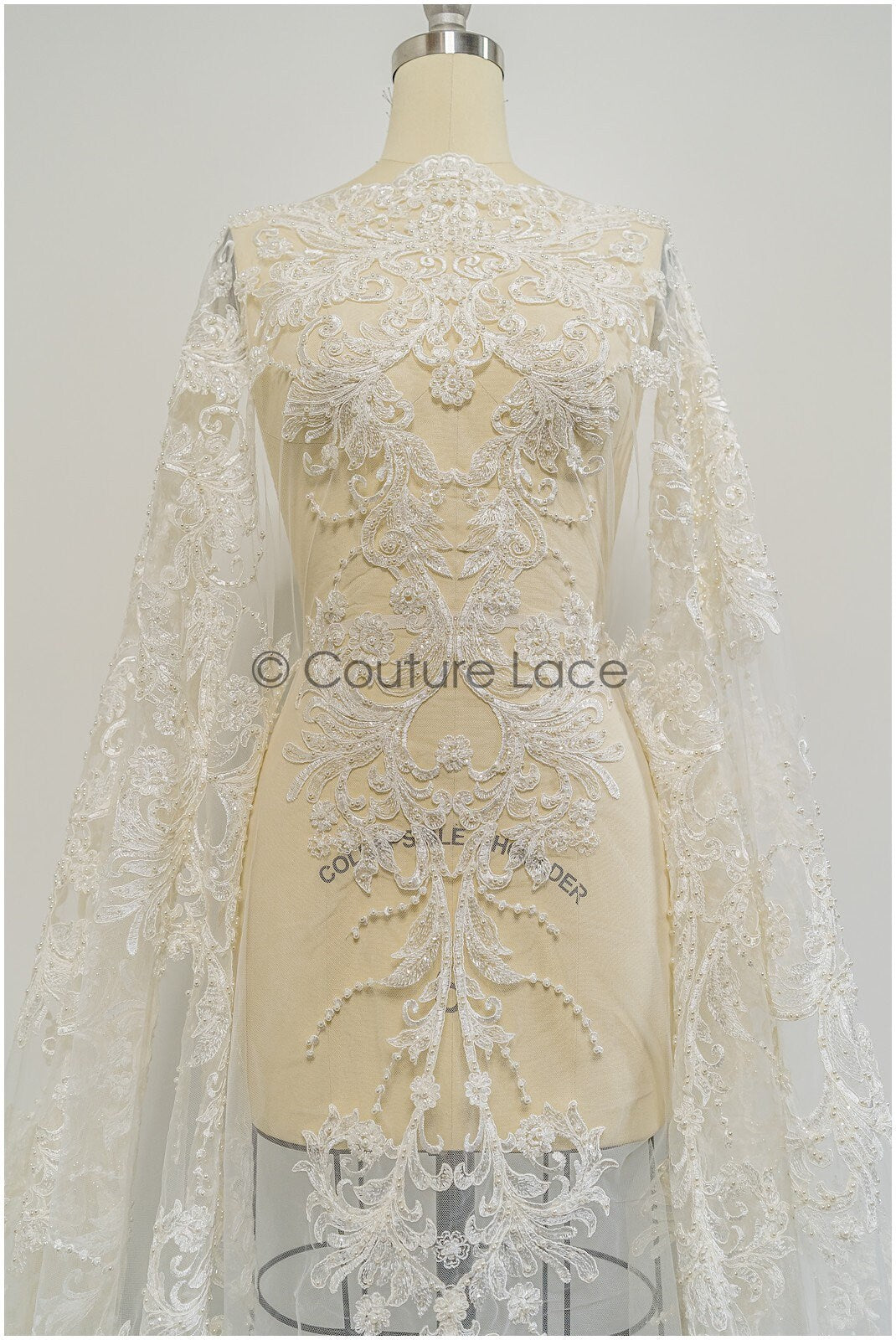 Schwerer Perlen Spitzenstoff für Hochzeitskleider/ Braut Spitzenstoff Off-White/ Hochzeitskleid Spitze mit Perlen/ Brautspitze// L21-047N