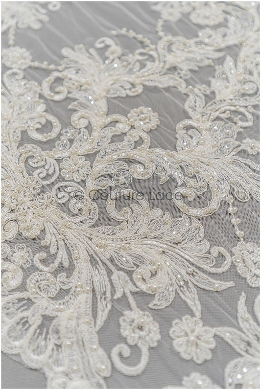 Heavy pearl lace fabric for wedding dresses/ bridal lace fabric off-white/ wedding dress lace with pearls/ bridal lace// L21-047N