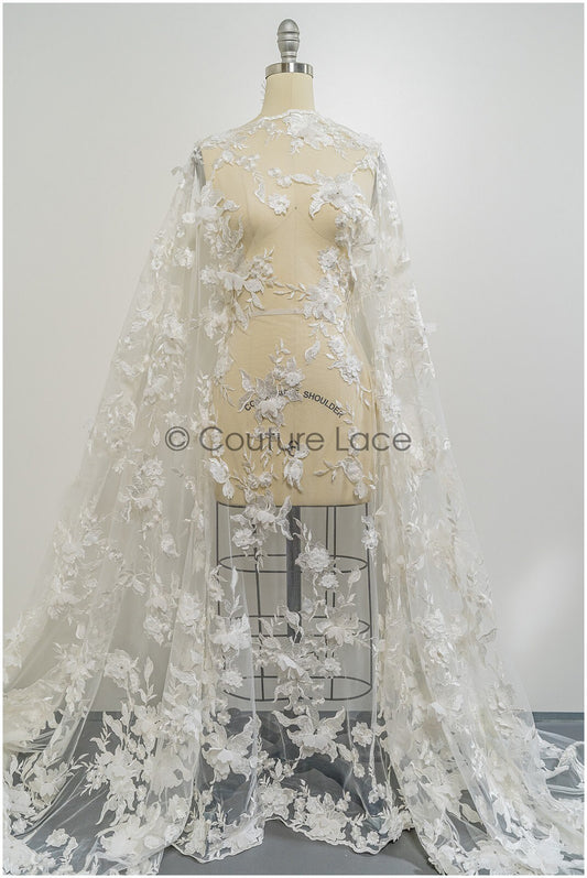 3D Blumen Spitze Off-White/ Braut Spitzen Stoff mit 3D Blumen/ weiche romantische Spitze/ Braut Spitzen Stoff mit Perlen// L21-171B