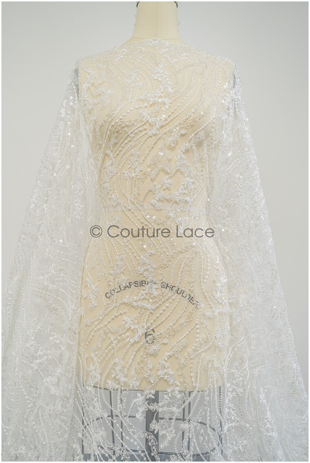 Perlen gestreifter gewellter Spitzenstoff/ Brautspitze Off-White/ Hochzeitskleid Spitze mit Perlen & Pailletten/ Braut Spitzenstoff// L19-309