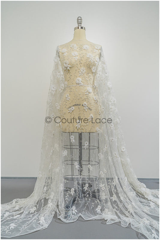 3D Blumen Spitzenstoff Off-White/ Braut Spitzenstoff/ romantische Spitze mit 3D Blumen & Perlen/ Hochzeit Spitzenstoff// L21-133N