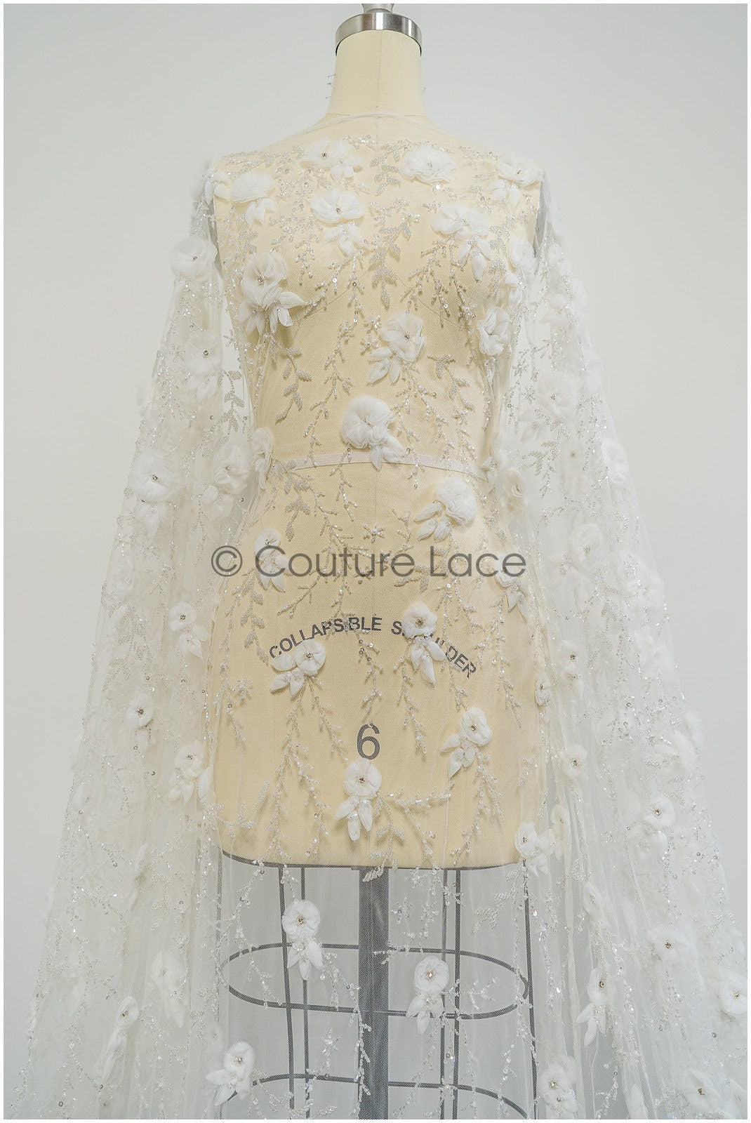 3D Blumen Spitzenstoff Off-White/ Braut Spitzenstoff/ romantische Spitze mit 3D Blumen & Perlen/ Hochzeit Spitzenstoff// L21-133N