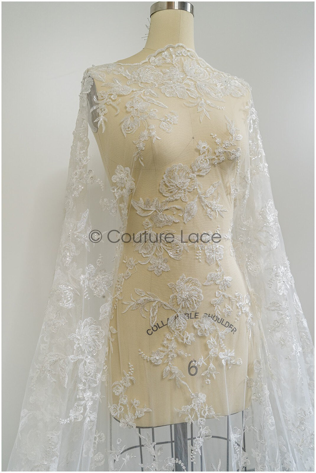 Perlen Spitzenstoff mit Blumenmuster/ Spitzenstoff mit Perlen und Pailletten/ handgemachte Spitze für Brautkleid// L21-092B