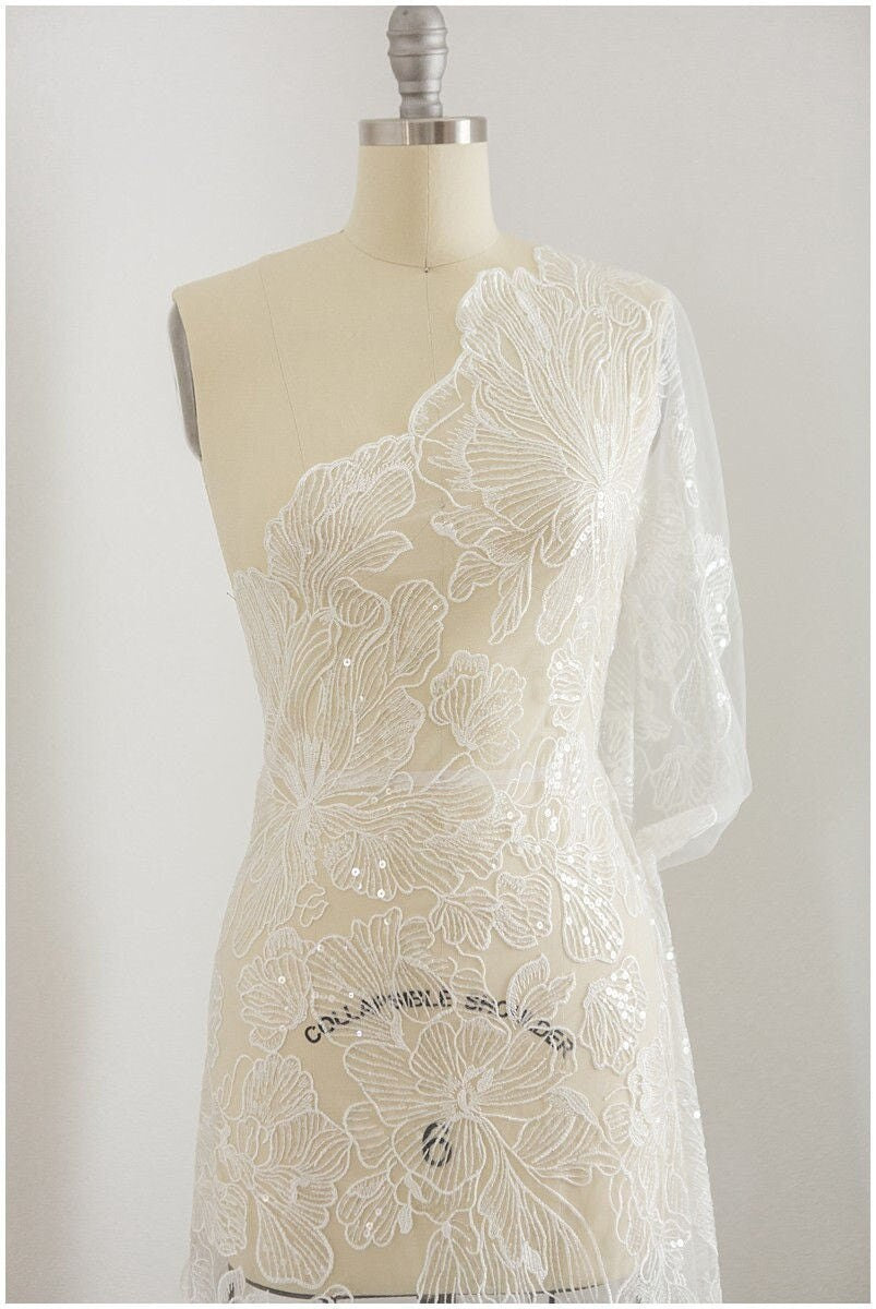 Feine Paillettenspitze Off-White/ weicher Pailletten Tüll Stoff/ Spitze Pailletten Netz Stoff// L17-022