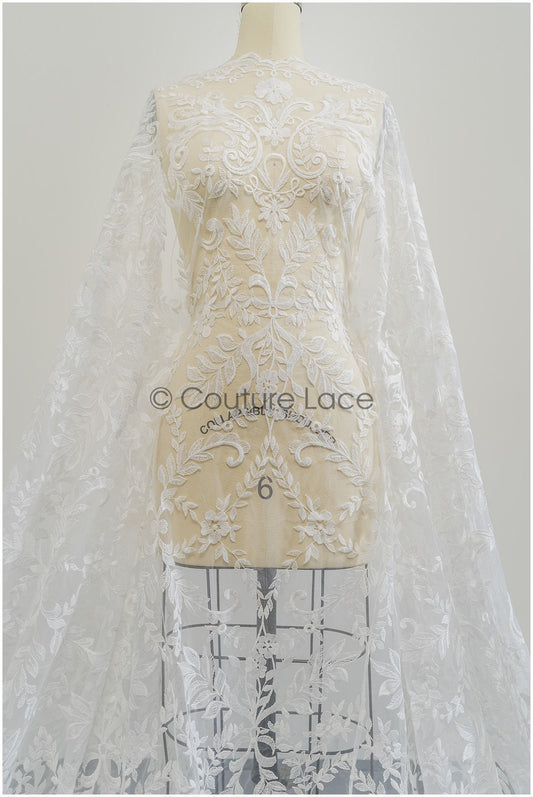 Tejido de encaje nupcial en blanco roto / Encaje con motivos de hojas / Encaje floral / Encaje Boho / Encaje nupcial estilo Boho // L21-409