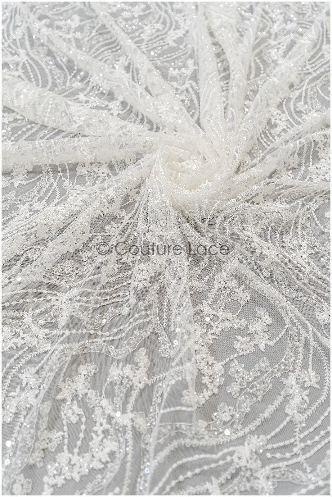 Perlen gestreifter gewellter Spitzenstoff/ Brautspitze Off-White/ Hochzeitskleid Spitze mit Perlen & Pailletten/ Braut Spitzenstoff// L19-309