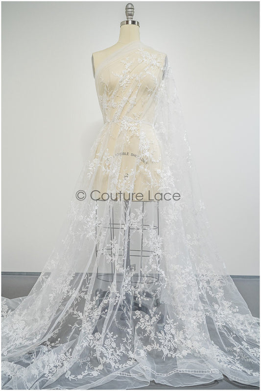 Tissu de dentelle florale romantique/ Dentelle nuptiale Off-White/ Dentelle de robe de mariée avec fleurs et feuilles// L21-417
