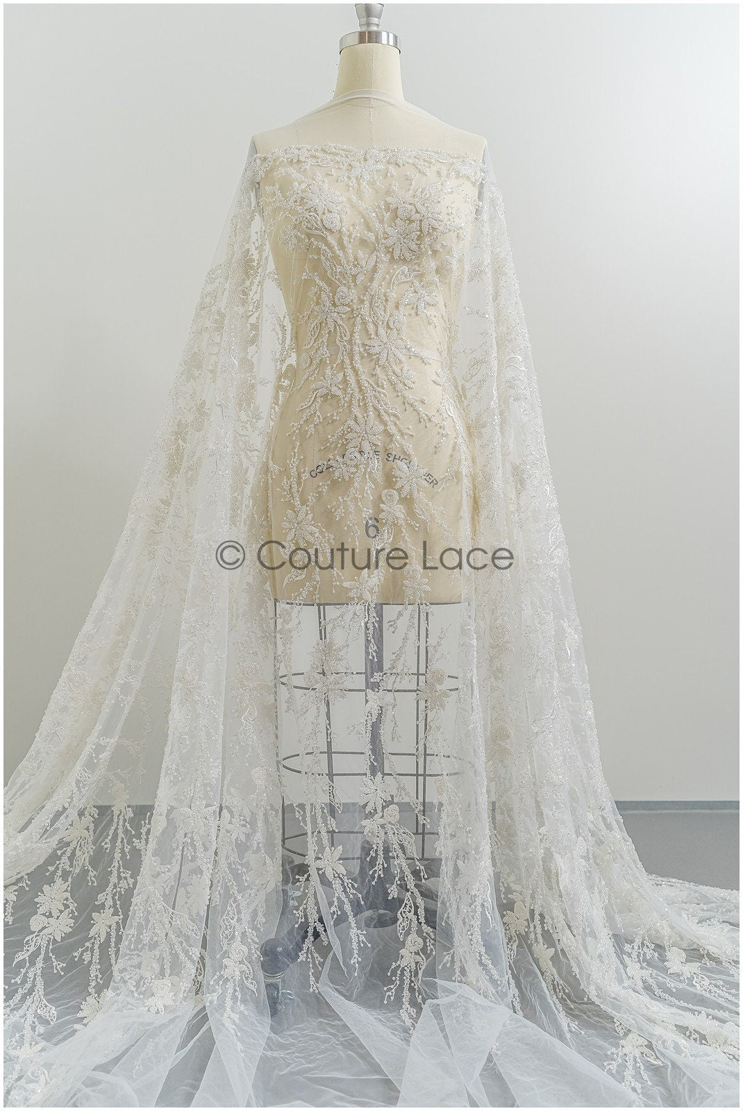 Perlen Spitzenstoff Off-white/ Couture Spitze Stoff/ Brautspitze Stoff mit Perlen/ Perlen Spitze// L21-193B