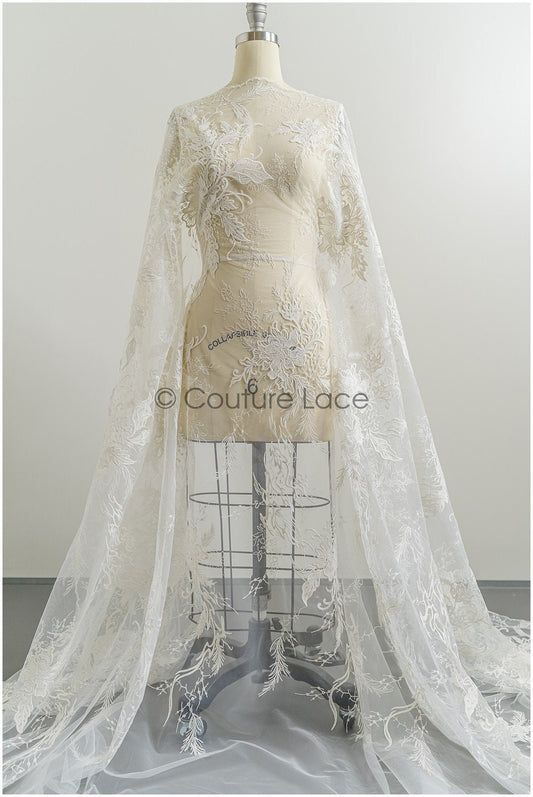 Tela de encaje floral romántico color marfil / encaje de novia con flores / encaje romántico / L21-123B
