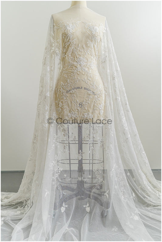 Weicher Perlen Spitzenstoff mit Blumen & Astmuster/ florale Brautspitze/ Couture Braut Spitzenstoff// L21-086B