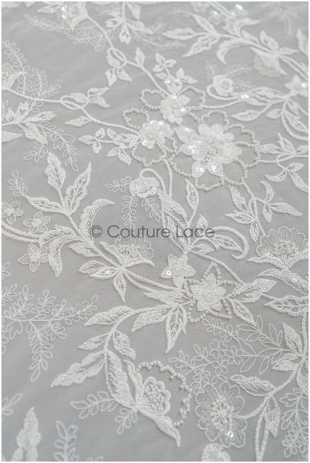 Weicher Perlen Spitzenstoff mit Blumen & Astmuster/ florale Brautspitze/ Couture Braut Spitzenstoff// L21-086B
