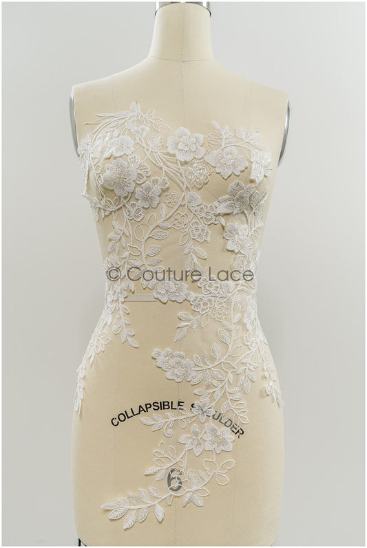 Appliques de dentelle florale pour robe de mariée, patchs de dentelle florale, appliques de dentelle brodée, appliques de dentelle cordée blanc cassé// A21-221