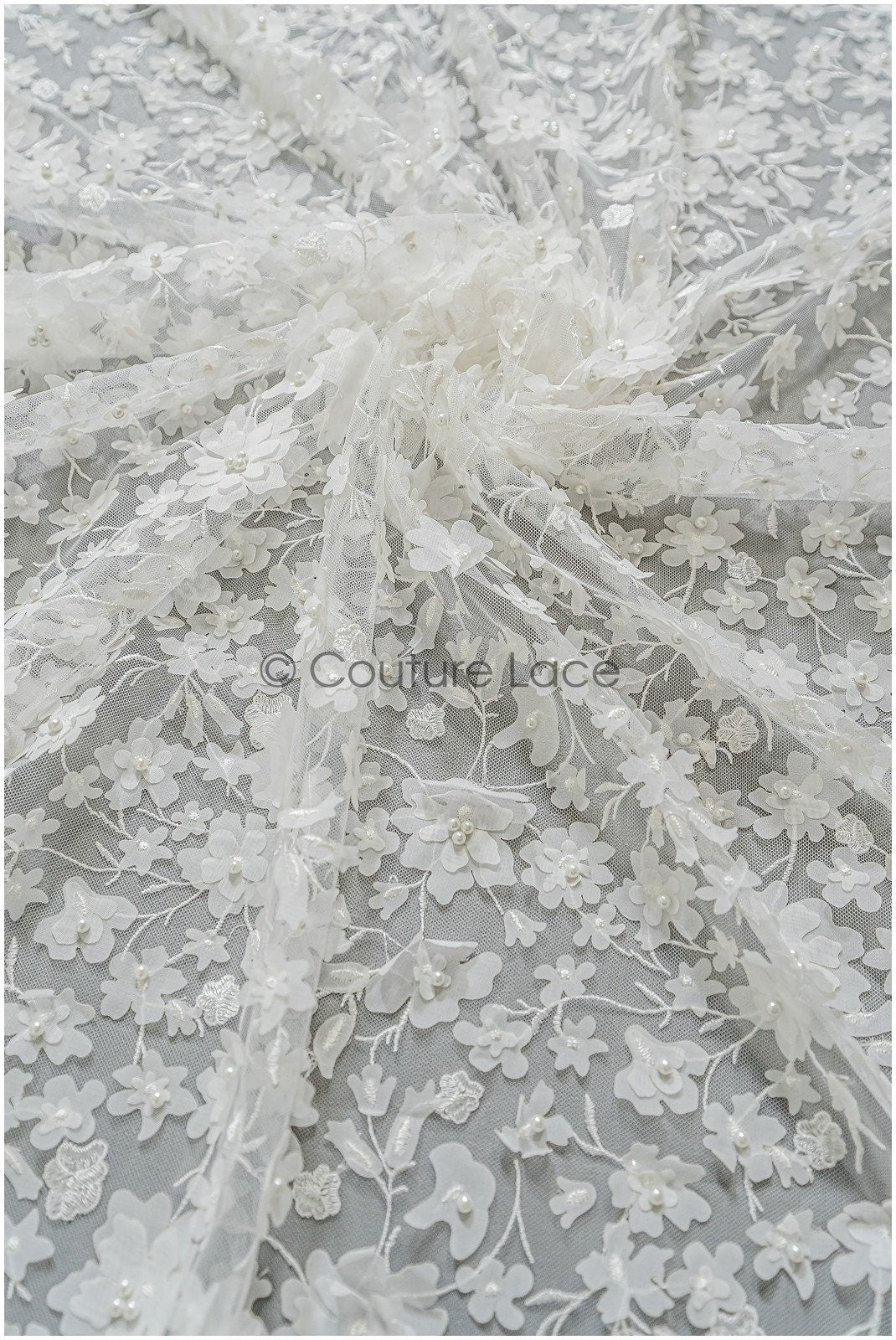 3D Blumen Brautspitzenstoff Off-White/ Braut Spitze Stoff mit Perlen/ Braut Spitzenstoff// L22-039