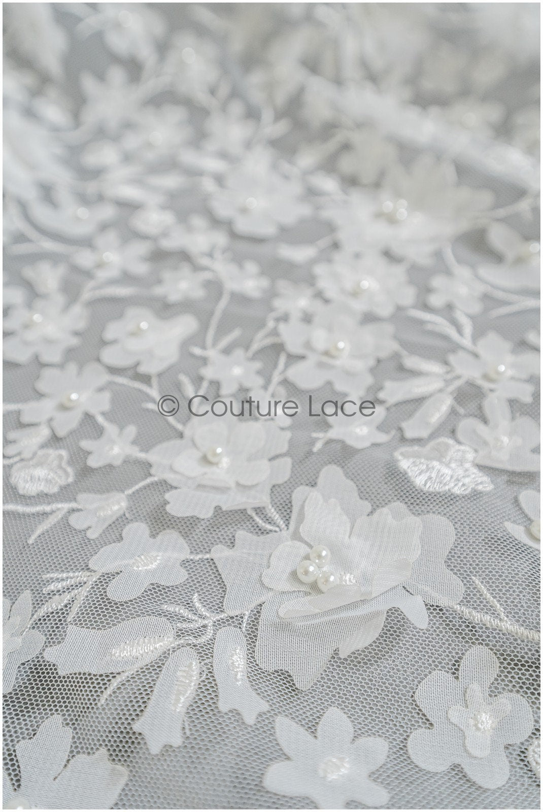 3D Blumen Brautspitzenstoff Off-White/ Braut Spitze Stoff mit Perlen/ Braut Spitzenstoff// L22-039
