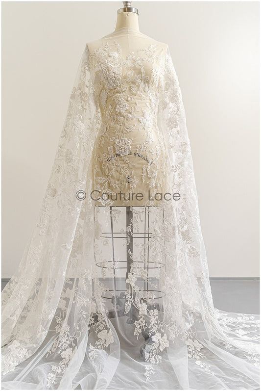 3D Blumen Spitzenstoff Off-White/ Braut Spitzenstoff/ romantische Spitze mit 3D Blumen/ Hochzeit Spitzenstoff// L22-219B