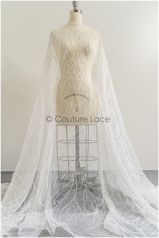 Perlengewellter Spitzenstoff Off-White/ Brautspitze mit Perlen/ Hochzeitskleid Spitze mit Perlen & Pailletten/ Braut Spitzenstoff// L22-279B