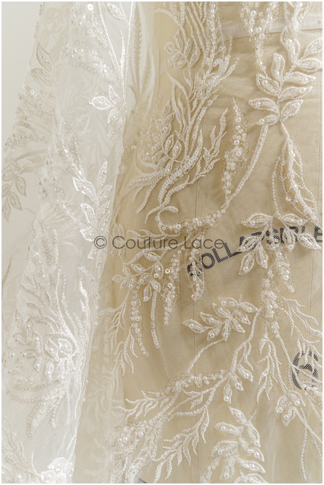 Perlen Spitzenstoff Off-White/ Brautspitze mit Perlen/ Hochzeitskleid Spitze/ Brautspitze// L22-280B