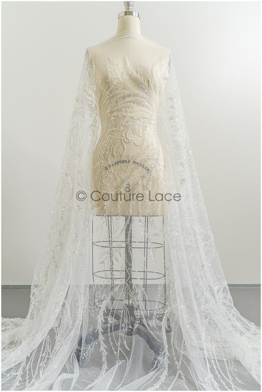 Schwerer Perlen Spitzenstoff mit Streifen/ Brautspitzenstoff Off-White/ Brautspitze mit Perlen & Pailletten/ perlengeflochtene Brautspitze// L21-181B