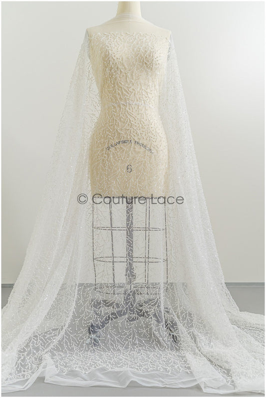 Perlen Spitzenstoff Off-White/ Couture Spitze Stoff/ Brautspitze mit Perlen/ Perlenspitze// L21-136