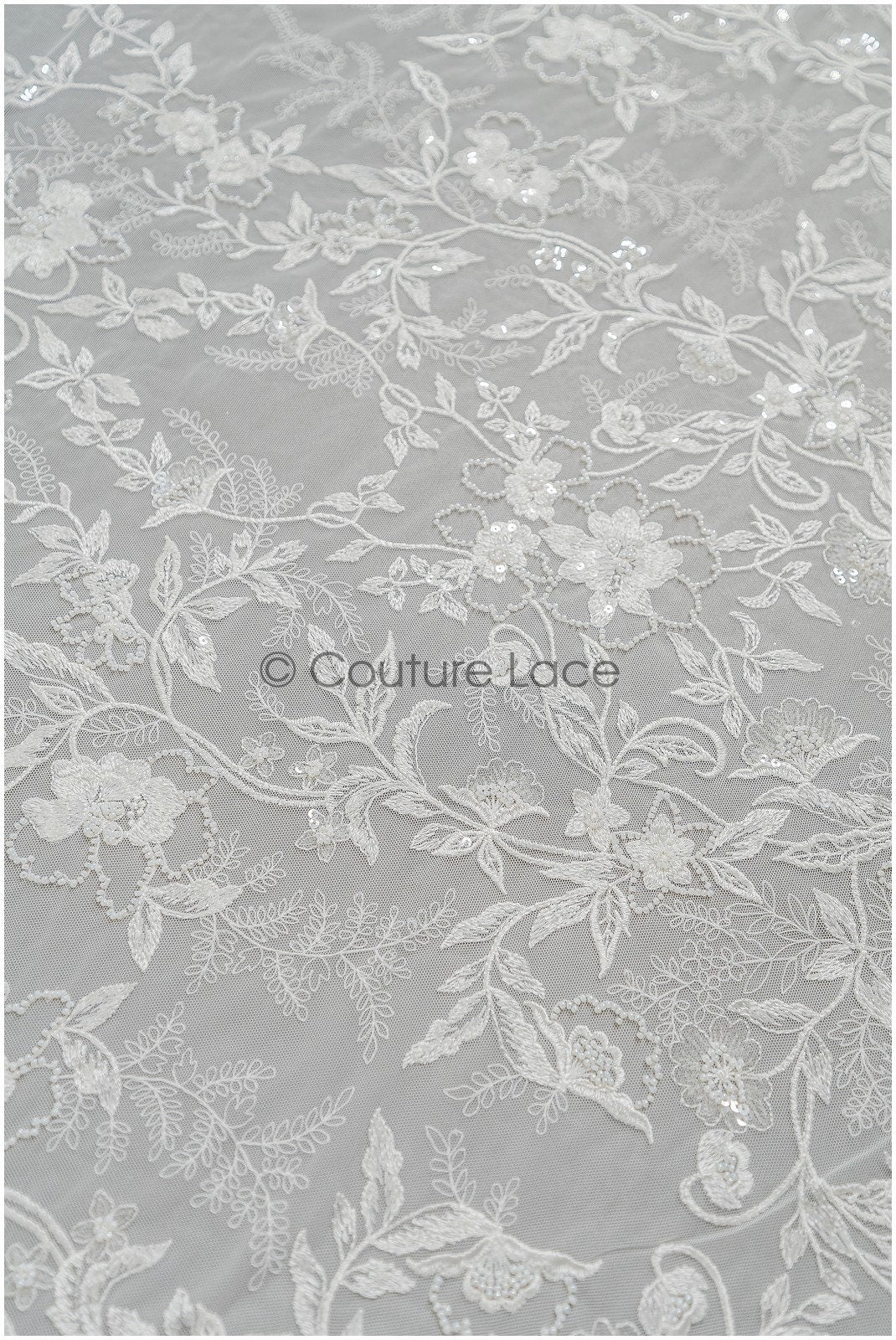 Weicher Perlen Spitzenstoff mit Blumen & Astmuster/ florale Brautspitze/ Couture Braut Spitzenstoff// L21-086B