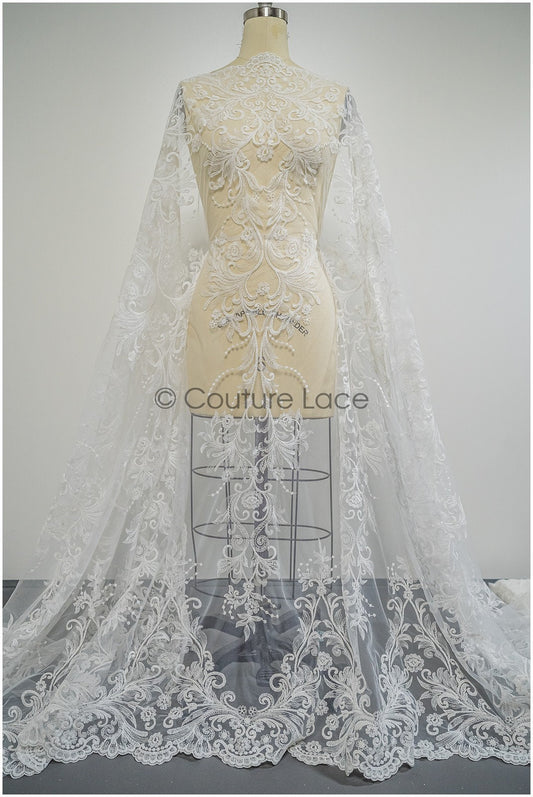 Tejido de encaje nupcial suave en color blanco roto / encaje real para vestido de novia / tejido de encaje con motivos ornamentales // L21-073