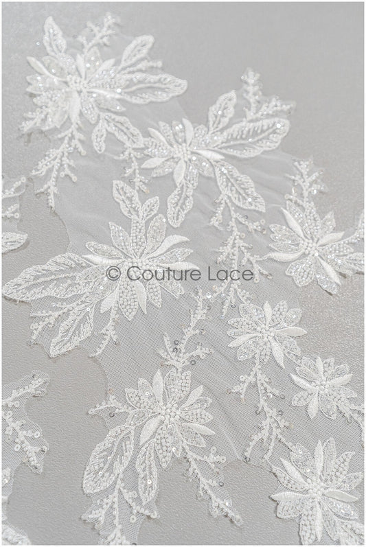 applique de dentelle de fleur perlée lourde pour robe de mariée, patch de dentelle florale avec perles et perles// A21-252