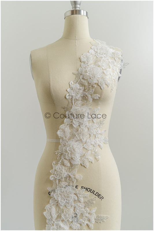 Garniture en dentelle perlée de fleurs 3D/ Garniture en dentelle nuptiale blanc cassé/ Voile de garniture en dentelle// T21-150