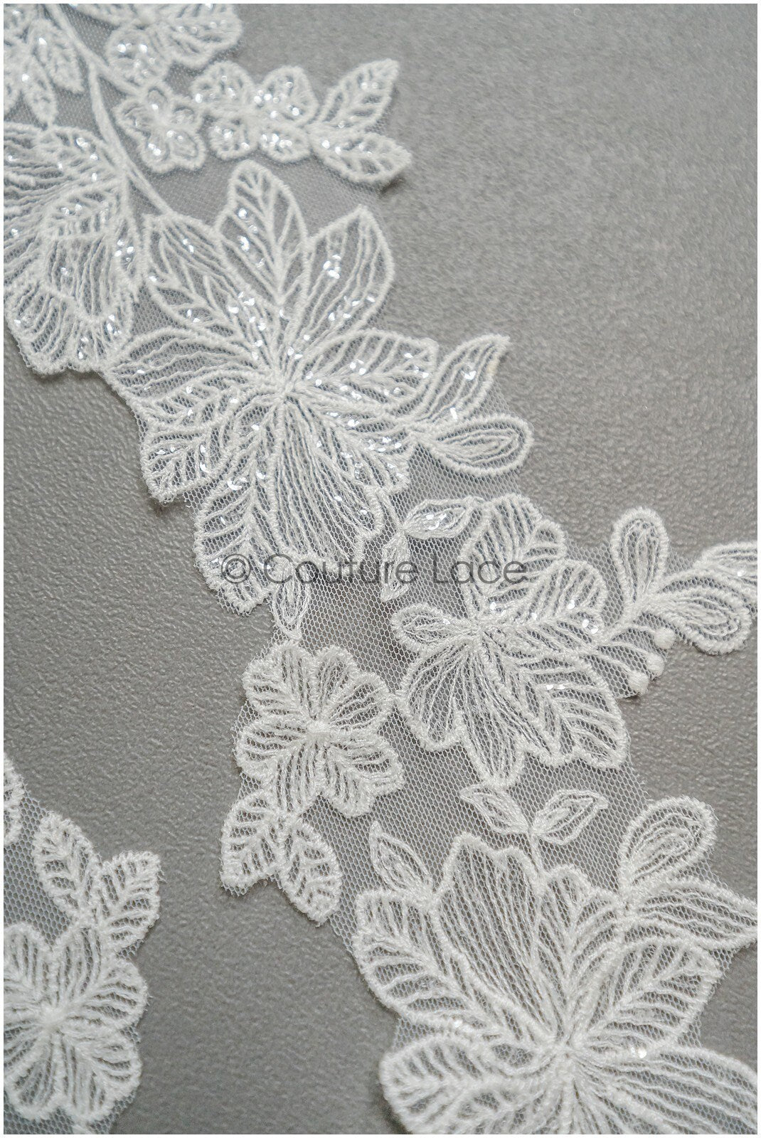 Off-white lace trim with sequins/ embroidered lace trim/ flower lace trim/ floral lace trim// T21-151