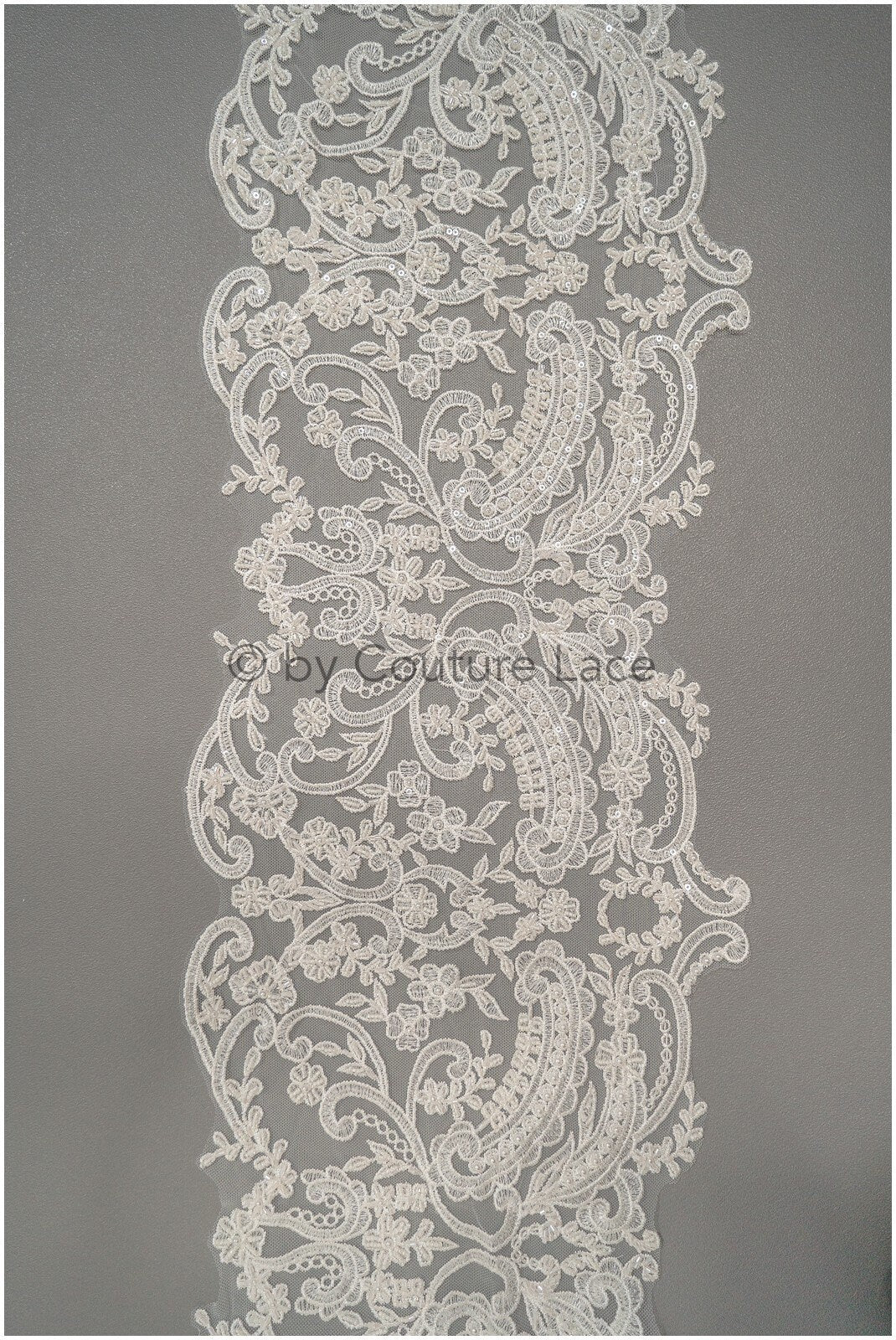 Heavy hand embroidered lace trim off-white ivory/ pearl embroidered bridal lace trim/ lace trim with pearls// T21-123