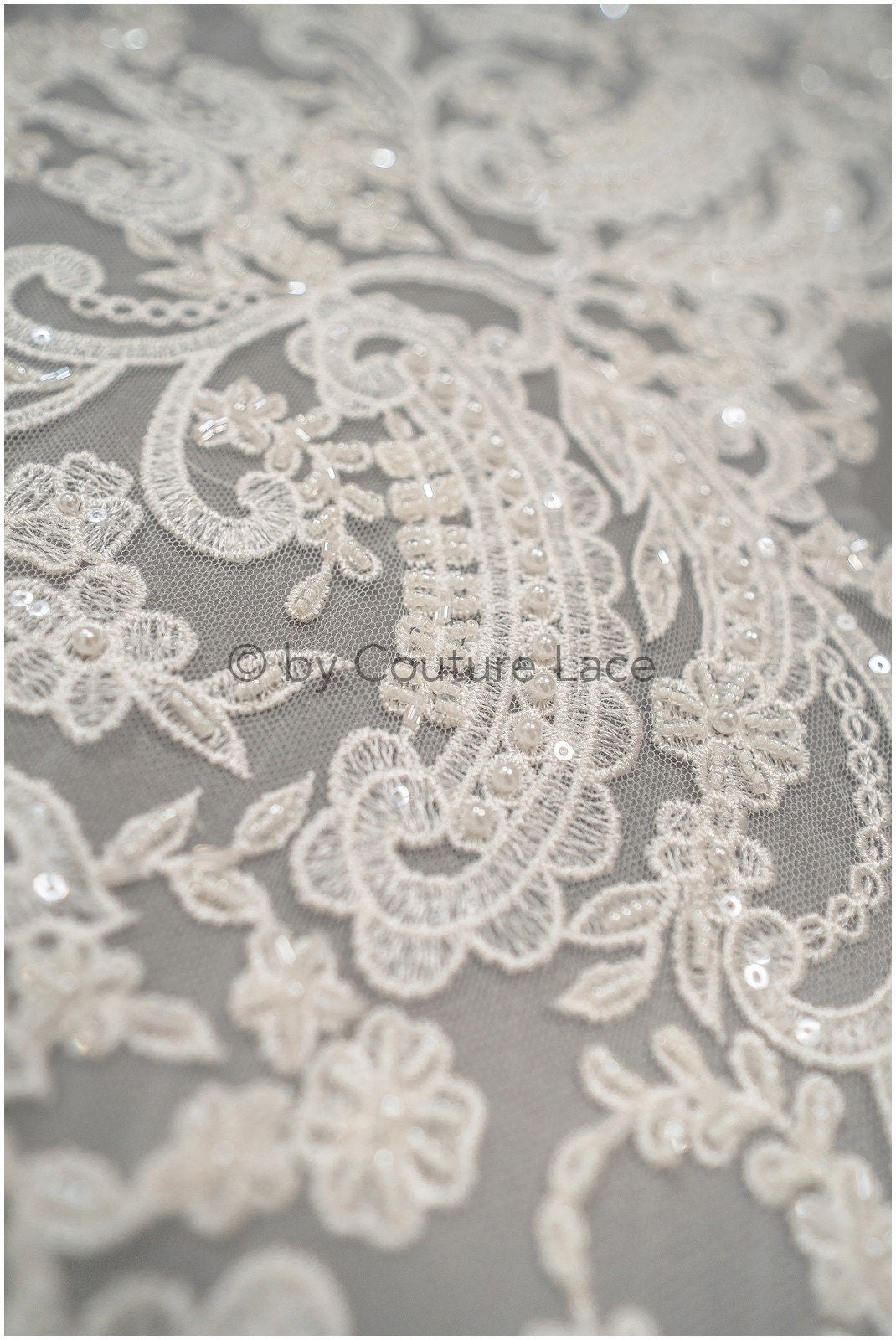 Heavy hand embroidered lace trim off-white ivory/ pearl embroidered bridal lace trim/ lace trim with pearls// T21-123