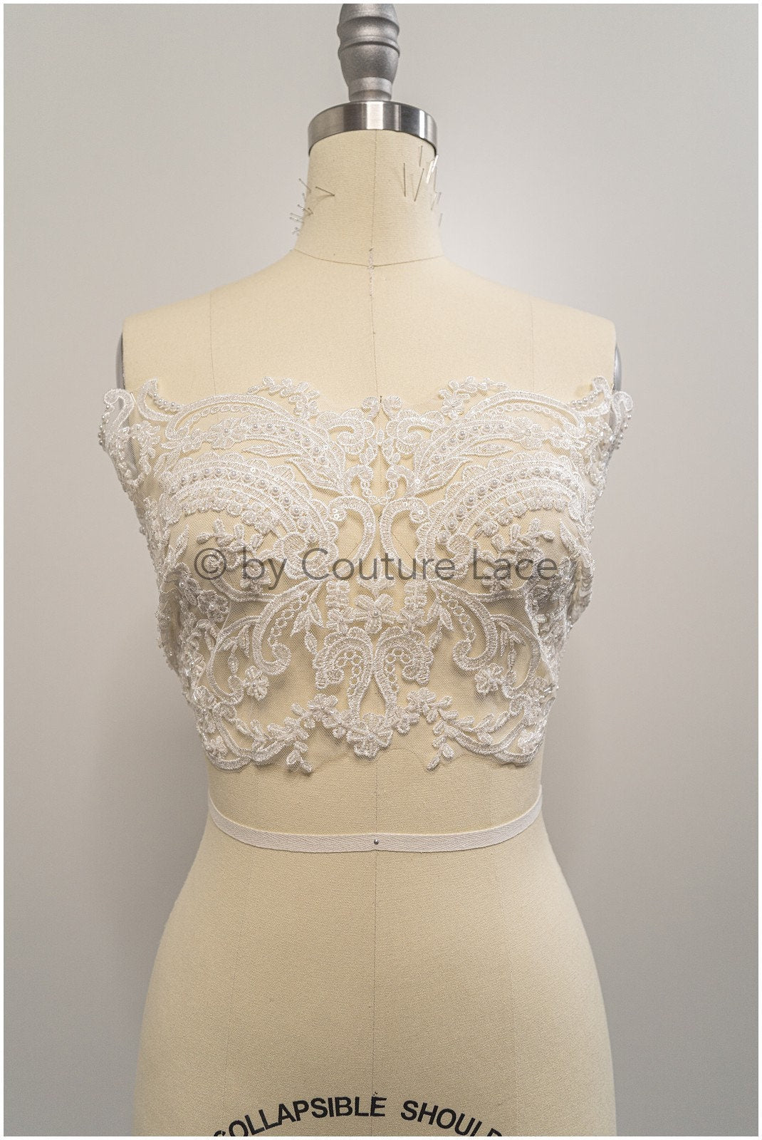 Heavy hand embroidered lace trim off-white ivory/ pearl embroidered bridal lace trim/ lace trim with pearls// T21-123