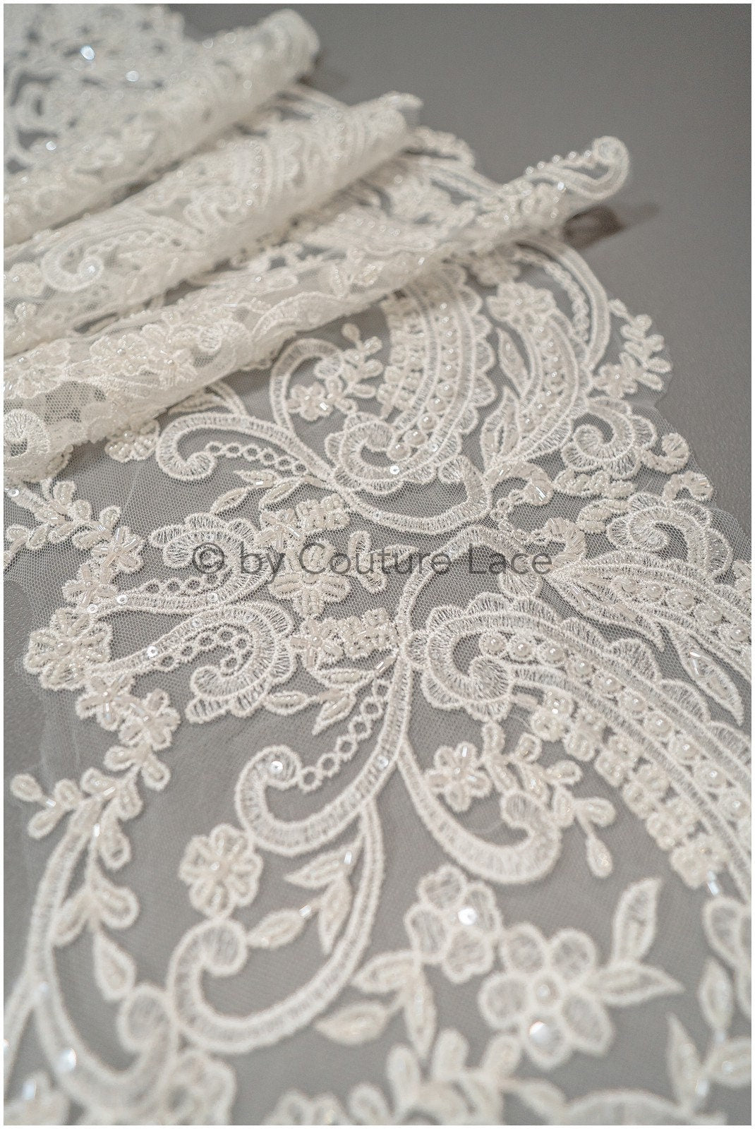 Heavy hand embroidered lace trim off-white ivory/ pearl embroidered bridal lace trim/ lace trim with pearls// T21-123