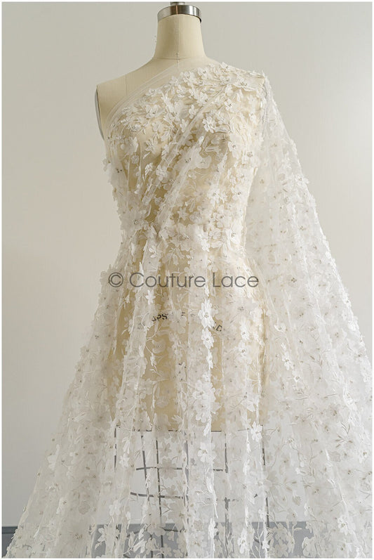 3D Blumen Brautspitzenstoff Off-White/ Braut Spitze Stoff mit Perlen/ Braut Spitzenstoff// L22-039
