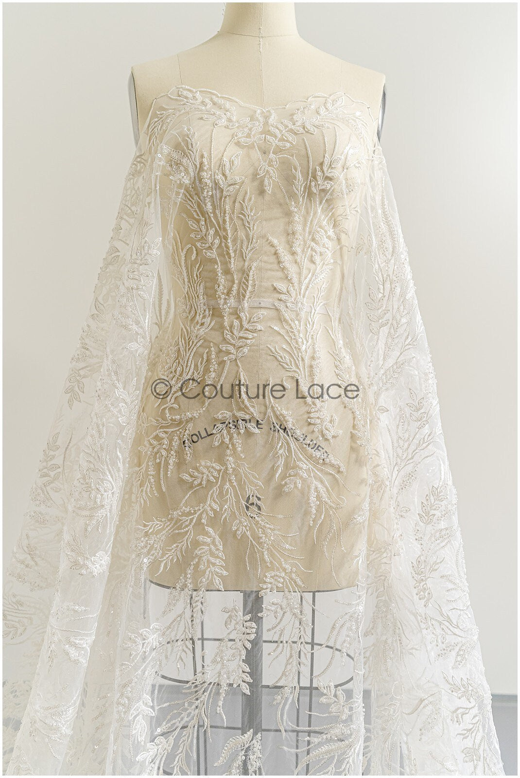 Perlen Spitzenstoff Off-White/ Brautspitze mit Perlen/ Hochzeitskleid Spitze/ Brautspitze// L22-280B