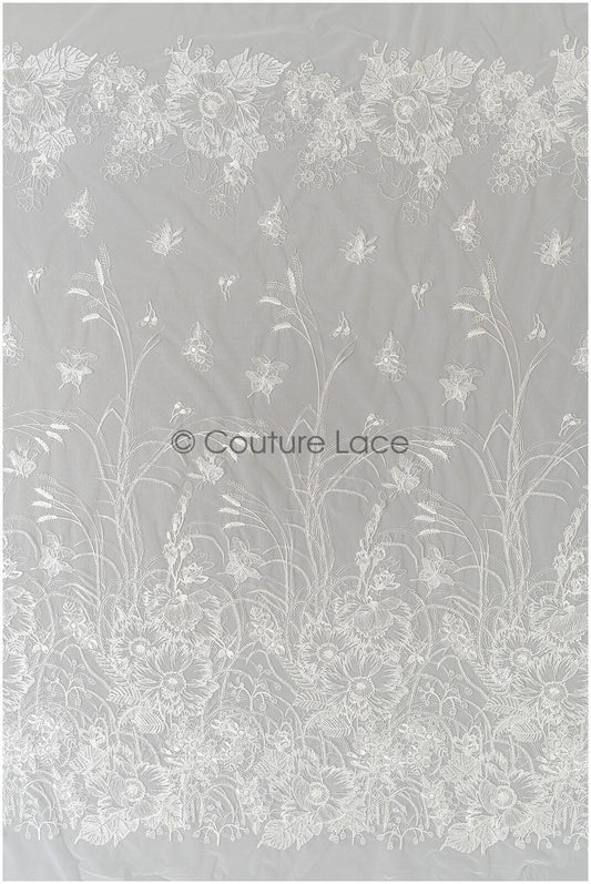 Tissu de dentelle florale romantique/ tissu de dentelle de mariée brodé blanc cassé/ tissu de dentelle avec des fleurs// L22-315