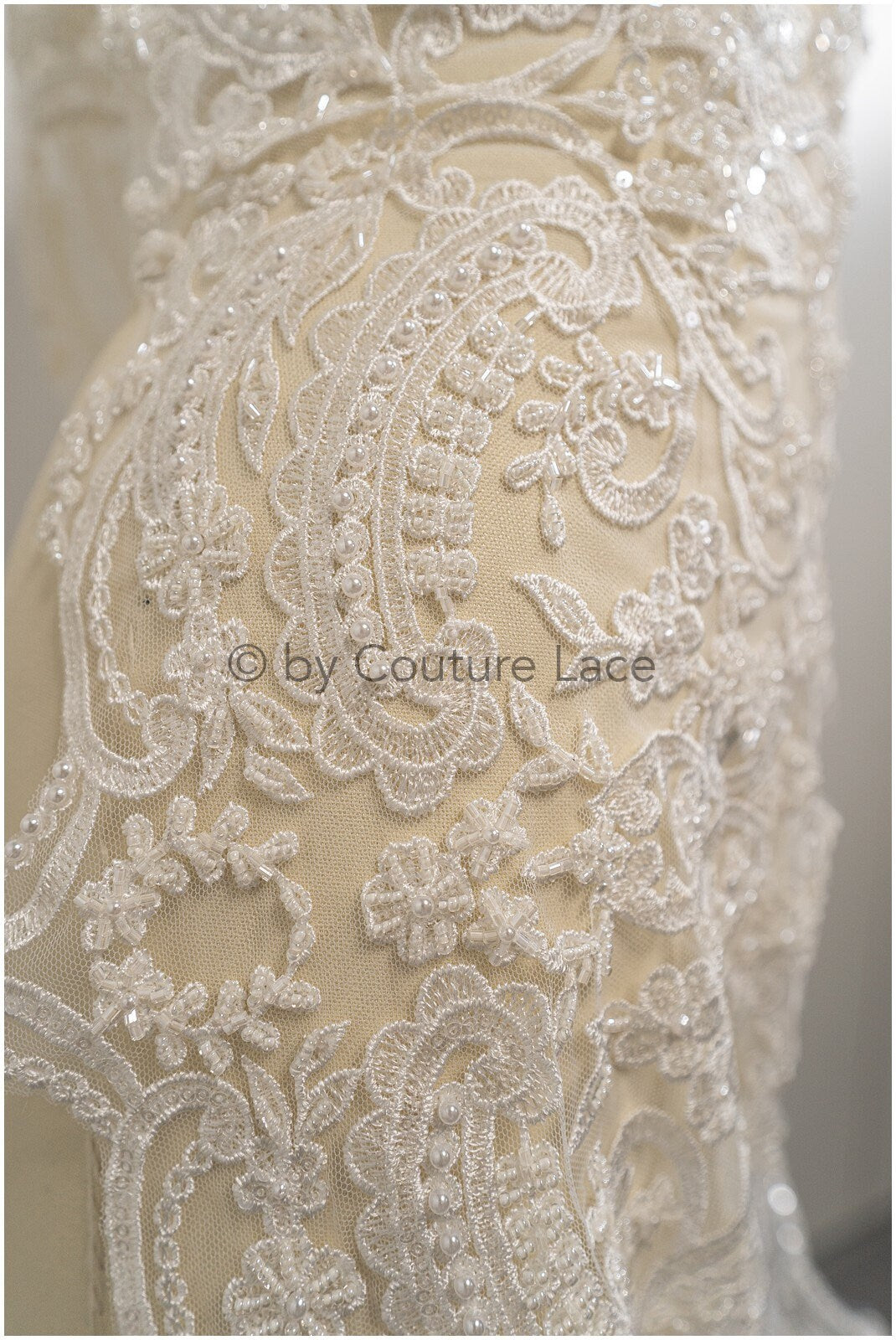 Heavy hand embroidered lace trim off-white ivory/ pearl embroidered bridal lace trim/ lace trim with pearls// T21-123