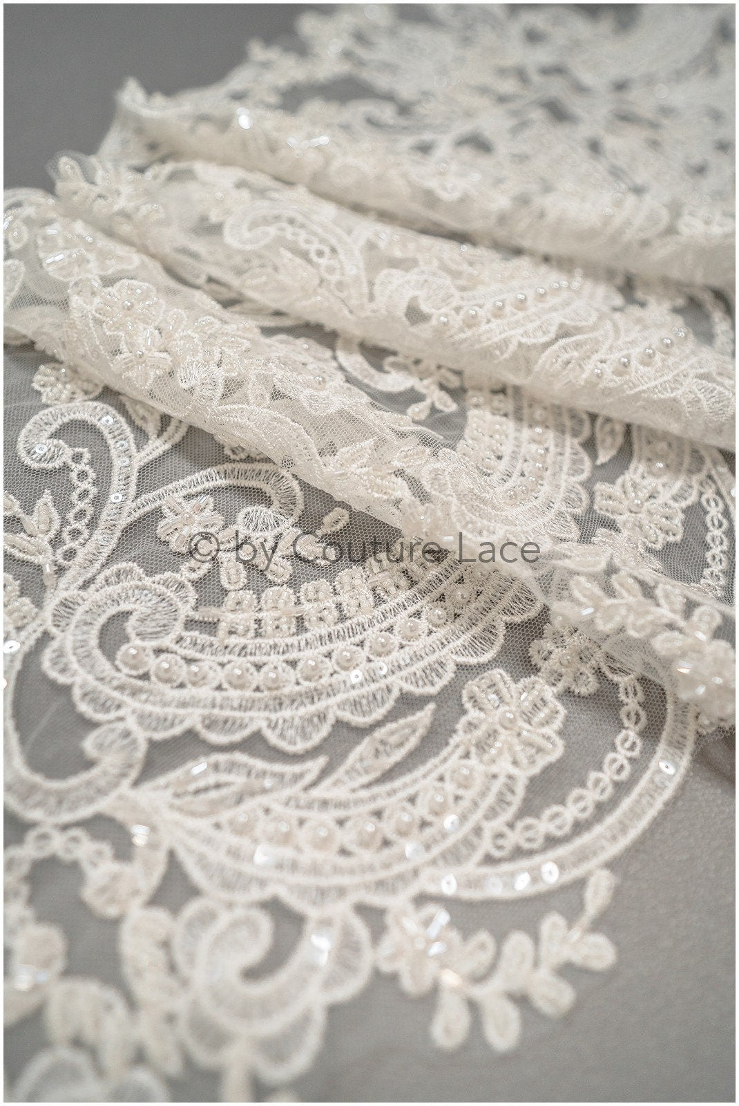 Heavy hand embroidered lace trim off-white ivory/ pearl embroidered bridal lace trim/ lace trim with pearls// T21-123