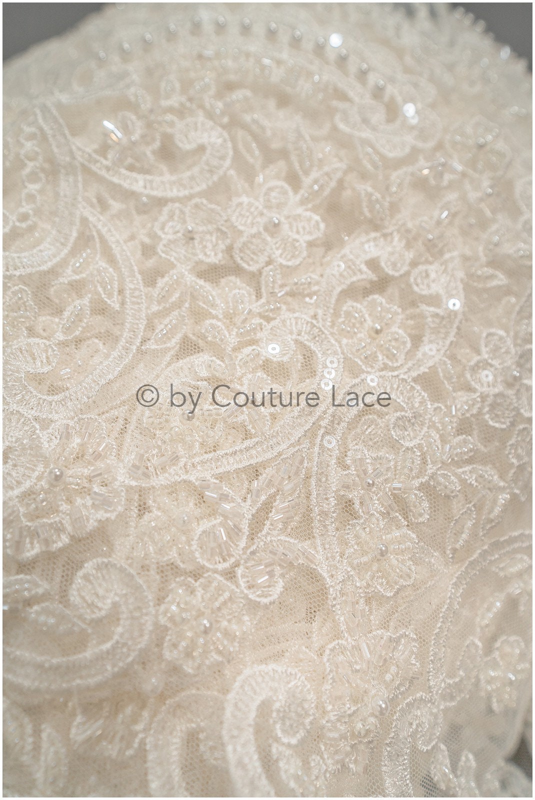 Heavy hand embroidered lace trim off-white ivory/ pearl embroidered bridal lace trim/ lace trim with pearls// T21-123