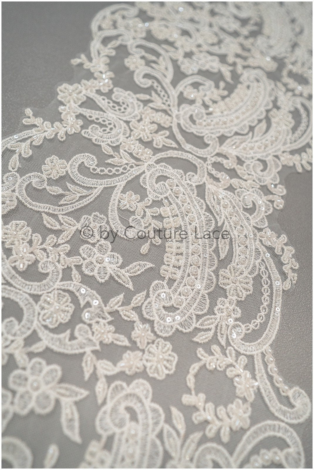 Heavy hand embroidered lace trim off-white ivory/ pearl embroidered bridal lace trim/ lace trim with pearls// T21-123