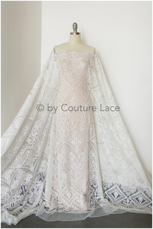 Geometric lace fabric off-white/ bridal lace with beads/ abstract wedding dress lace with beads & sequins// L19-249