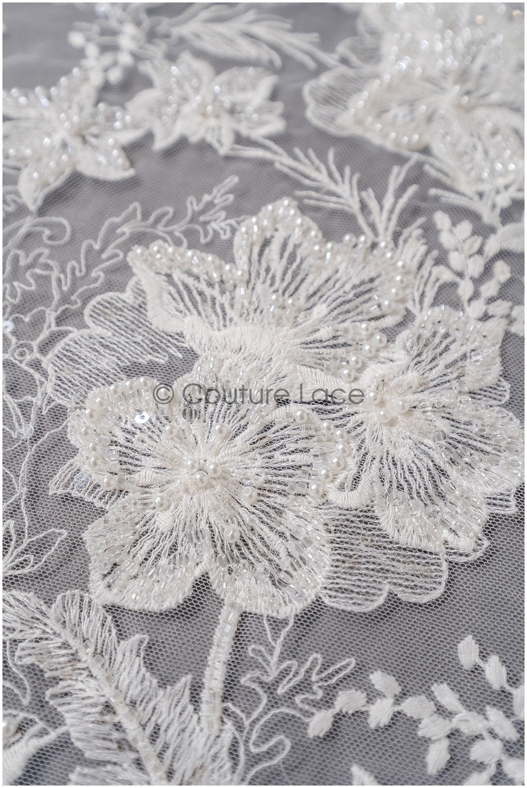 Pearl lace fabric/ bridal couture lace fabric with pearls and sequins/ bridal lace// L22-421