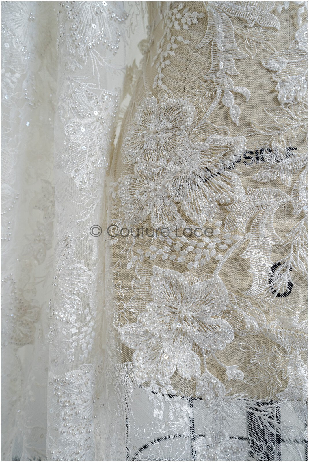 Pearl lace fabric/ bridal couture lace fabric with pearls and sequins/ bridal lace// L22-421