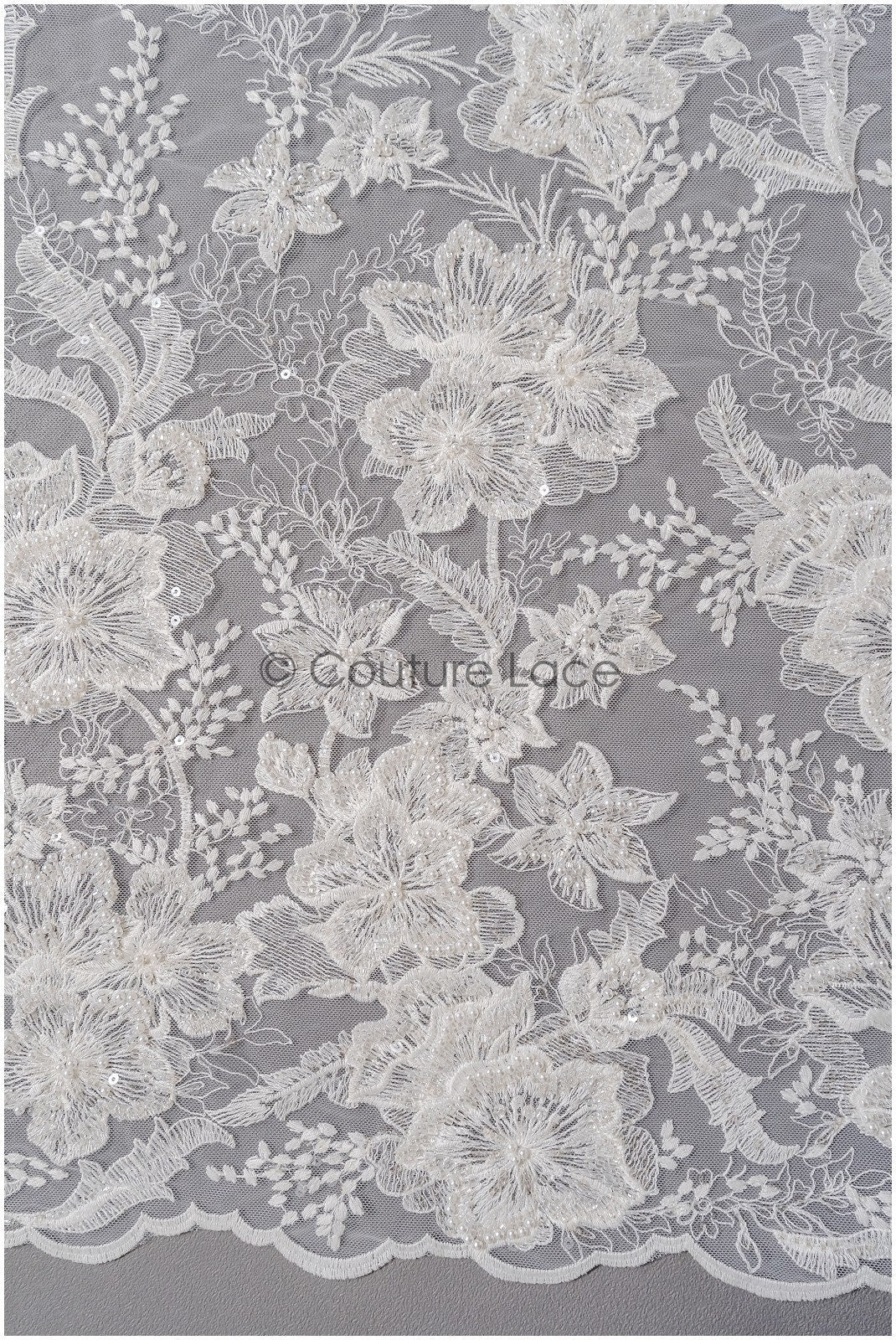 Pearl lace fabric/ bridal couture lace fabric with pearls and sequins/ bridal lace// L22-421