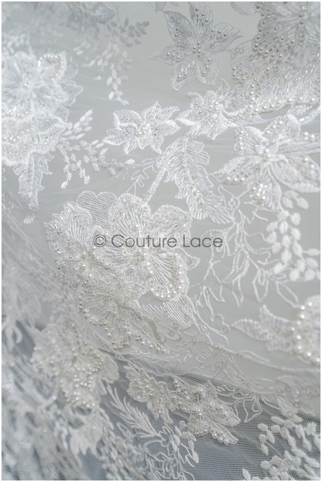 Pearl lace fabric/ bridal couture lace fabric with pearls and sequins/ bridal lace// L22-421