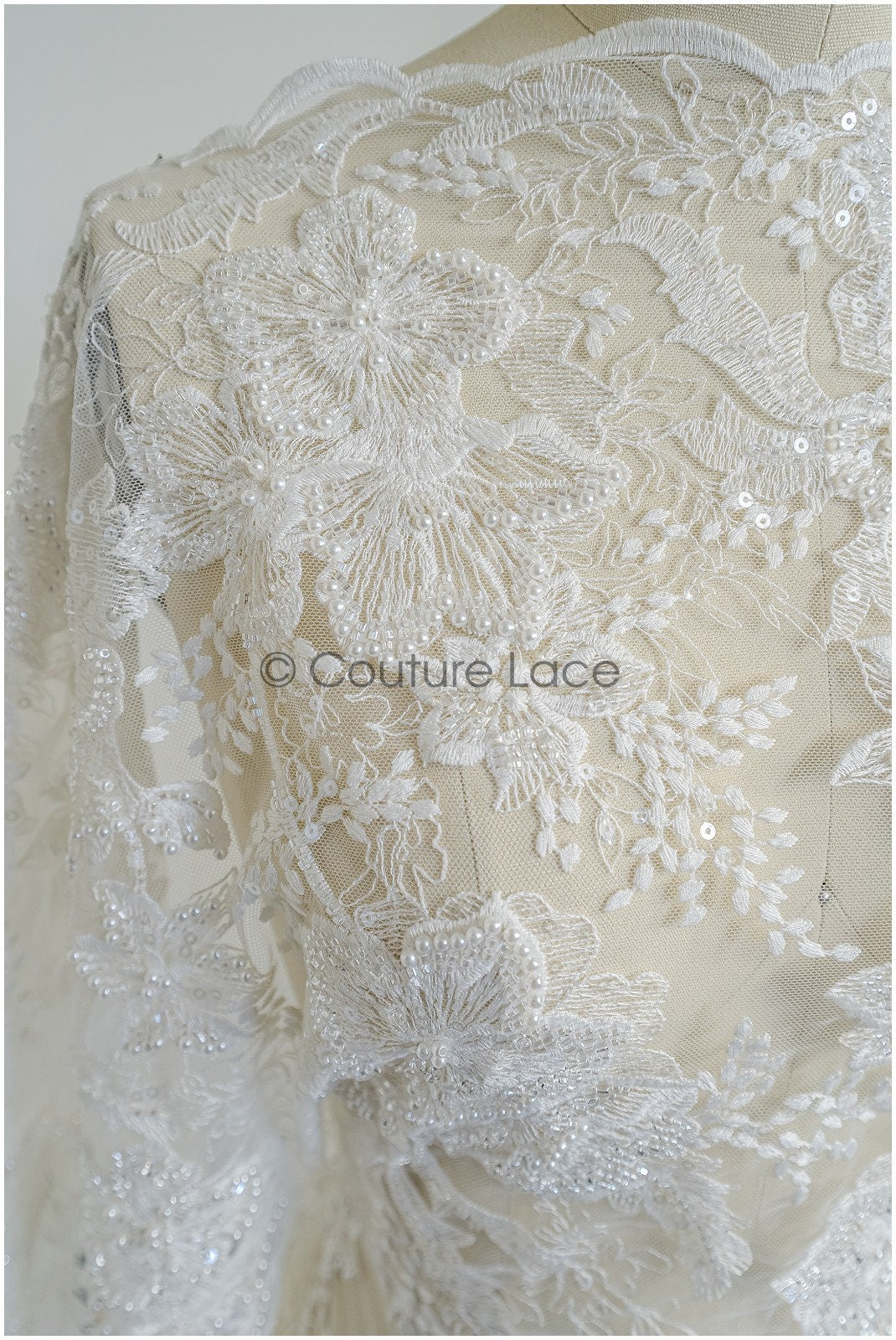 Pearl lace fabric/ bridal couture lace fabric with pearls and sequins/ bridal lace// L22-421
