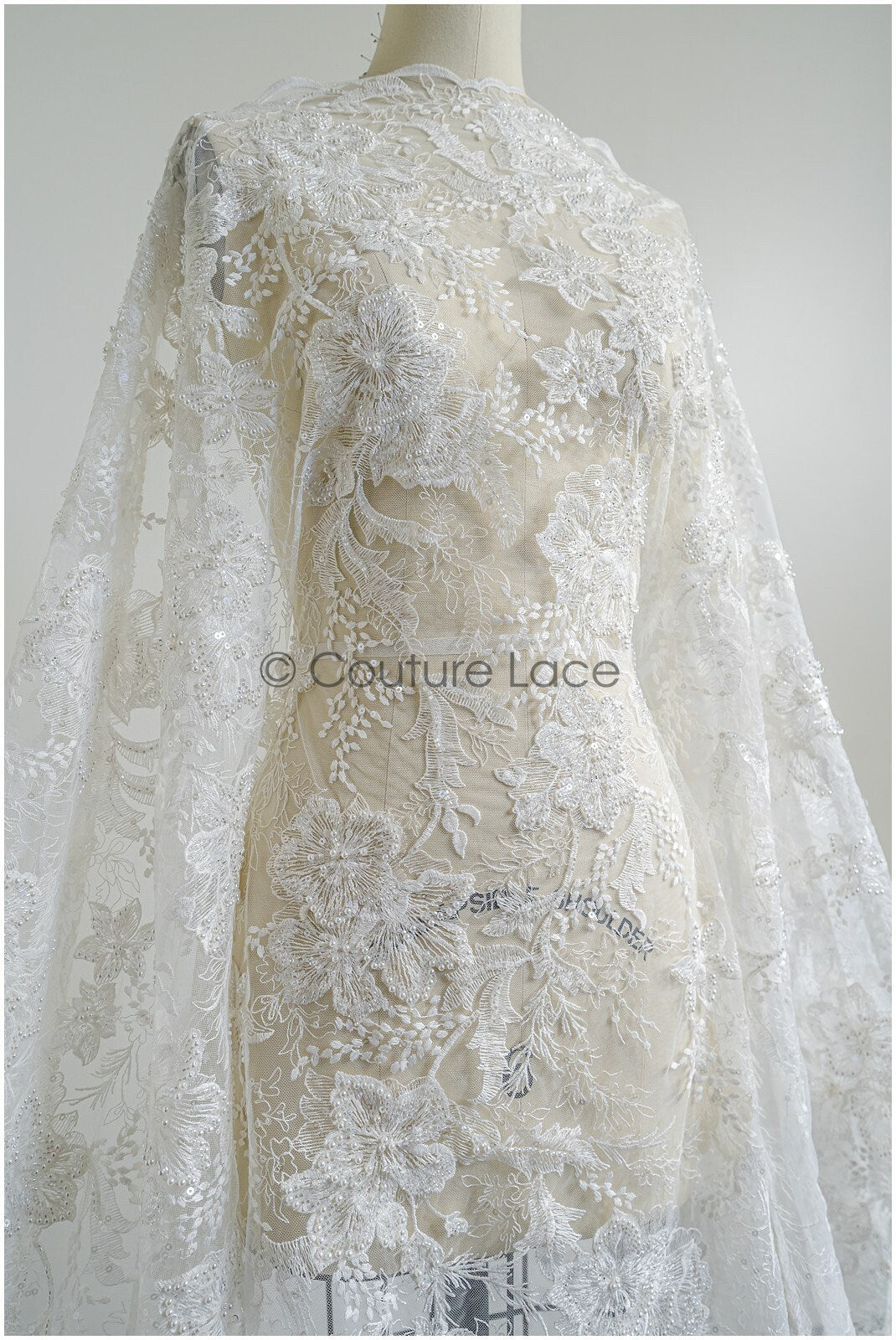 Pearl lace fabric/ bridal couture lace fabric with pearls and sequins/ bridal lace// L22-421