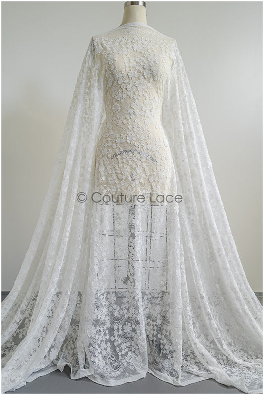 Beau tissu en dentelle Off-White/ Tissu en dentelle Bridal Couture avec fleurs 3D/ Dentelle nuptiale// L22-424L