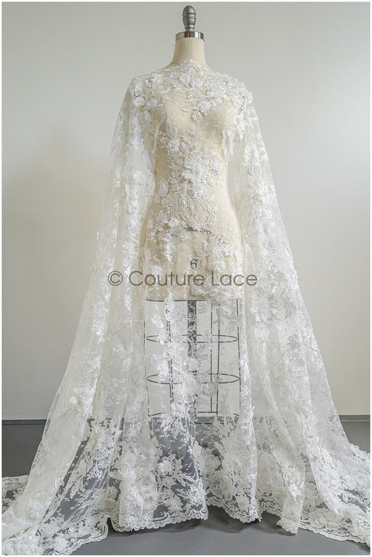 Tissu en dentelle perlée avec fleurs 3D/ Tissu en dentelle Couture Off-White/ Tissu en dentelle nuptiale/ Dentelle perlée// L22-426