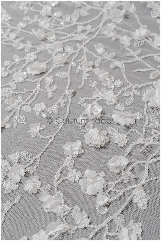 Wunderschöner Perlen Spitzenstoff mit 3D Blumen/ Braut Couture Spitzenstoff mit Perlen & Pailletten/ Brautspitze Off-White// L22-432